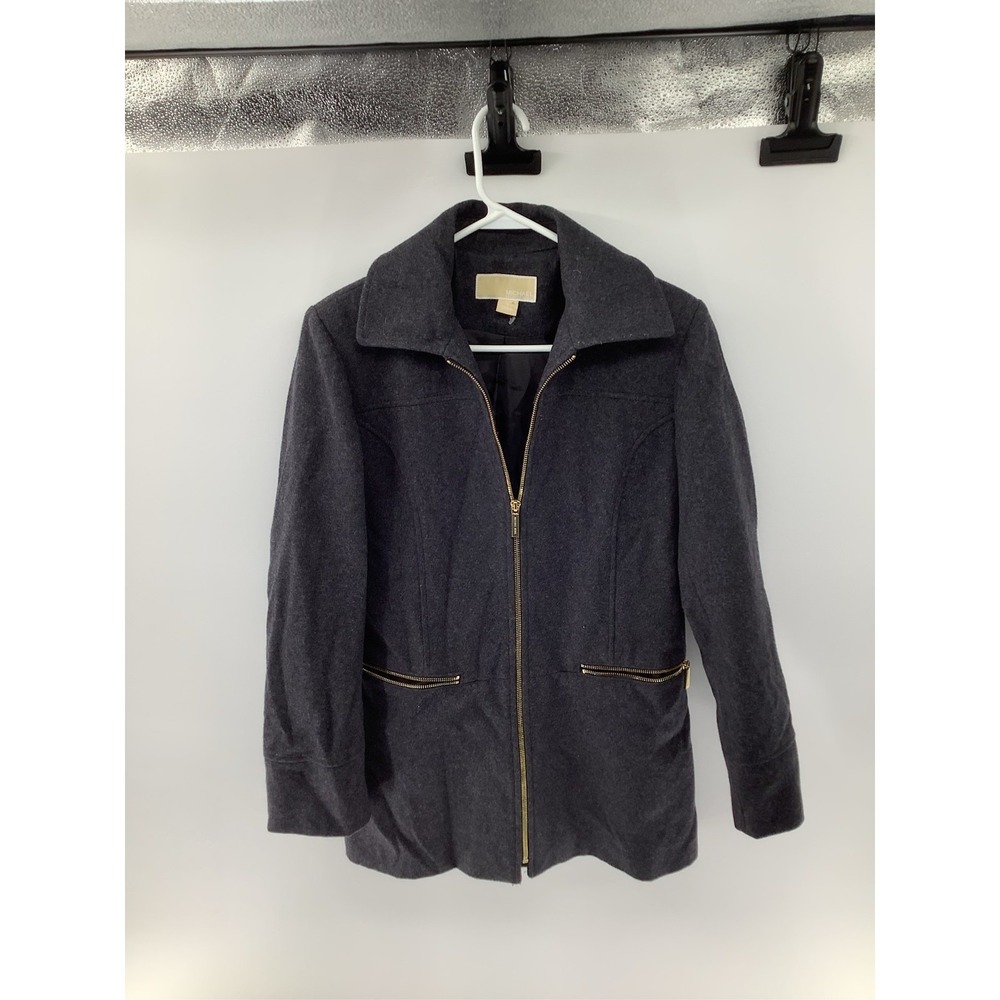 Michael Kors Womens Wool Blend Full Zip Jacket Charcoal Gray Gold Hardware S